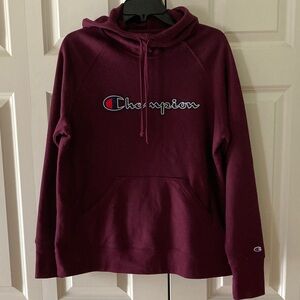 Champion Authentic Athleticwear womens LG hooded sweatshirt logo Berry purple